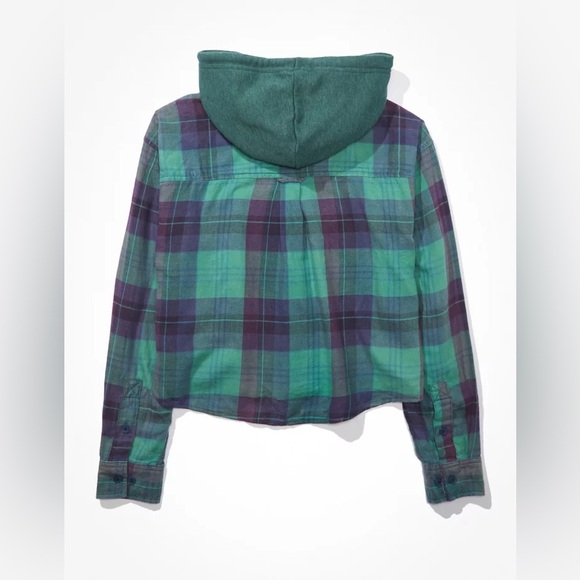 American Eagle Cropped Flannel Shirt Hoodie, Green + Navy Blue, Size Large - Picture 6 of 10